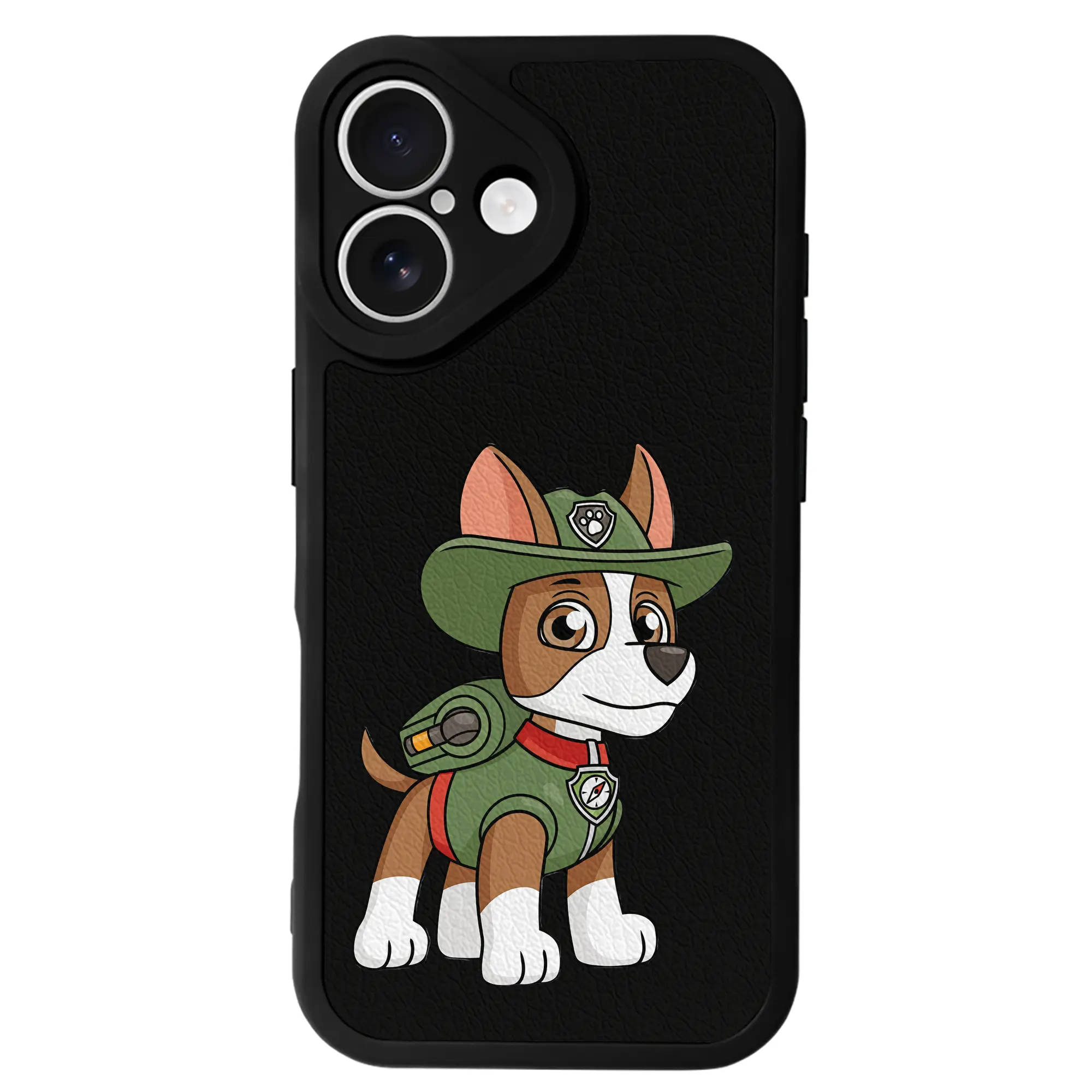 パウ・パトロール グッズ トラッカー - IPhone 16シリーズ対応 ・ シリコンスマホケース ・ レザー調 ・ 高精度フィット ・ 耐衝撃 ・ ワイヤレス充電対応 ・ 精密カット